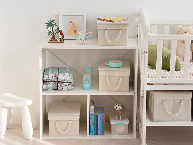 StorageWorks Storage Bins with Lids, Decorative Storage Boxes with Lid and Soft Rope Handles, Foldable Storage Baskets for Closet, Shelves, Stackable, Ivory and White, Medium, 3-Pack