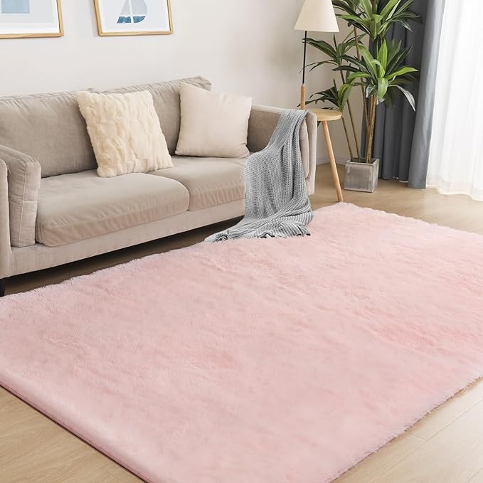 Fluffy Pink Area Rug, 4x6 Shag Rugs for Bedroom, Soft Plush Area Rugs for Living Room, Non-Slip Indoor Carpet for Nursery, Study Room, Playroom, Home Decor