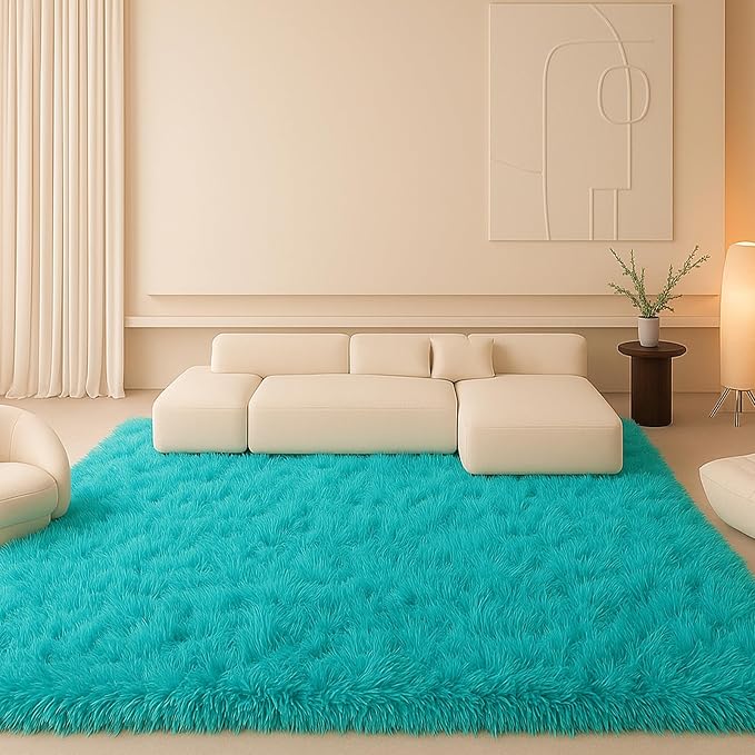 Teal Blue Plush Rug 6x9, Fluffy Shag Carpet Non-Slip, Area Rug by Mtandyx