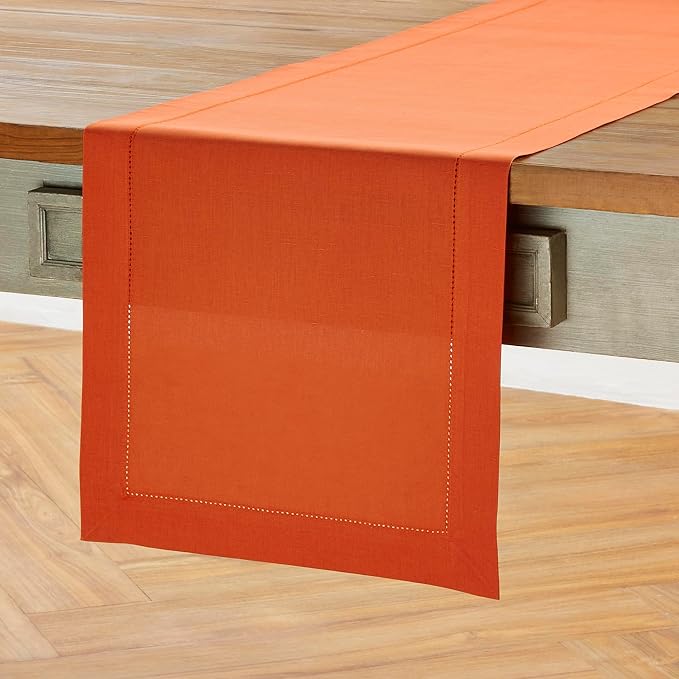 Solino Home Cotton Linen Table Runner Burnt Orange Hemstitch, 14 x 60 in | - Image 2