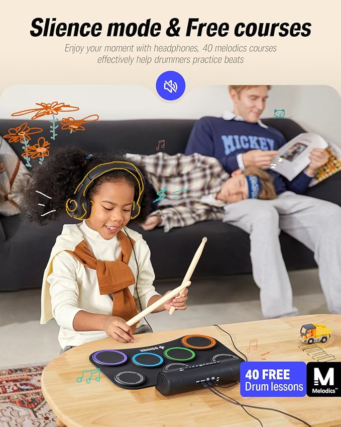 Donner Electric Drum Set Upgrated, 7 Pads Electronic Drum Pad Roll Up Quiet Drum Pad Built-in Speaker, 40 Lessons Included, Kids Holiday Christmas & Birthday Gift Instrument Toys(DED-20R) New