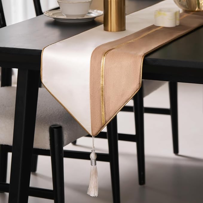 Avigers Table Runner 12 x 78 Inch, Chestnut White, Tassels | Faux Silk by Avigers