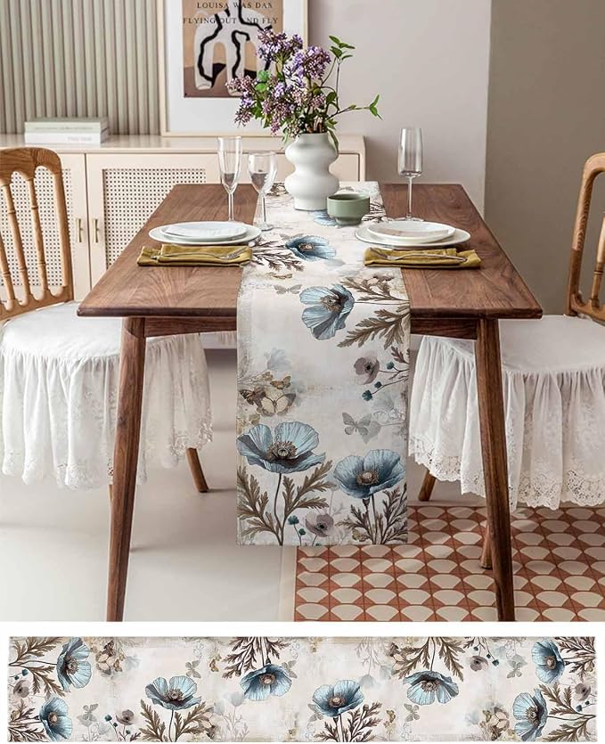 Vintage Tulip Flowers Table Runners 120 Inches Long, Cotton Linen Fabric Table - Image 6