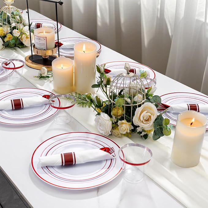 WELLIFE 350-Piece Red Plastic Party Dishware Set - Image 6