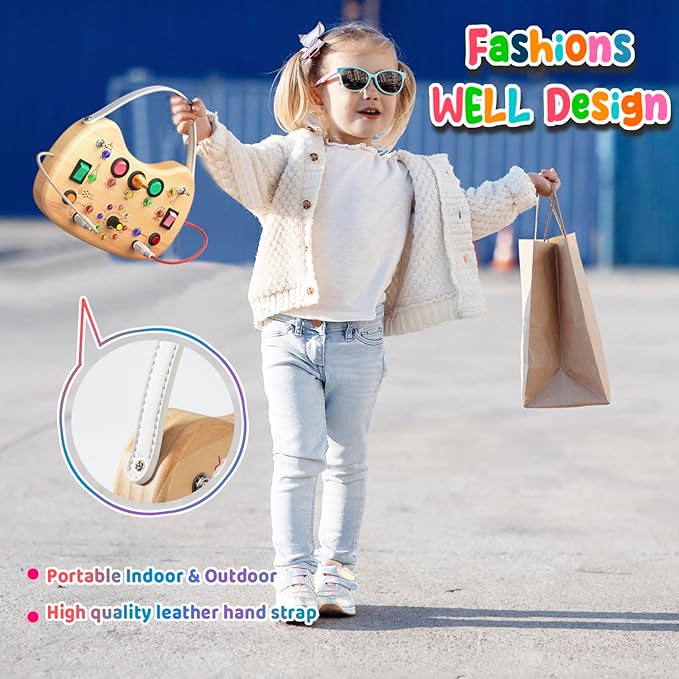 Montessori Toddler Busy Board, Wooden Busy Board with 17 LED Lights Switch, Travel Toys for Toddlers 1-3 Years,Toddler Sensory Boards, Toys for 1 Year Old Girls