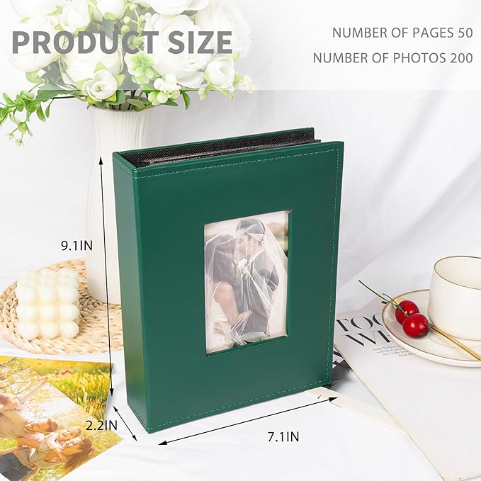 RECUTMS Photo Album 4x6 200 Photos Premium Leather Cover with Front Window for Wedding Family Baby Vacation (Dark Green)