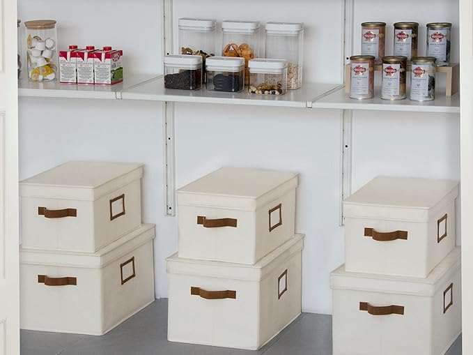 StorageWorks Large Storage Bins with Lids, Decorative Storage Boxes with Lid and PU Handles, Foldable Storage Baskets for Closet, Shelves, Stackable, Ivory, 3-Pack