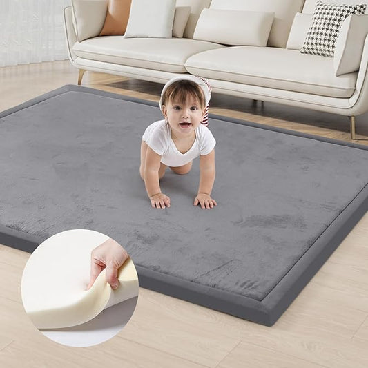 ACOMOPACK Baby Play Mat for Floor 1.3" Thick Memory Foam Play Mat 79"×118" Tummy Time Crawling with Non-Slip Bottom for Living Room,Nursery,Soft Velvet Playpen Mats for Kids,Infants（Dark Grey）