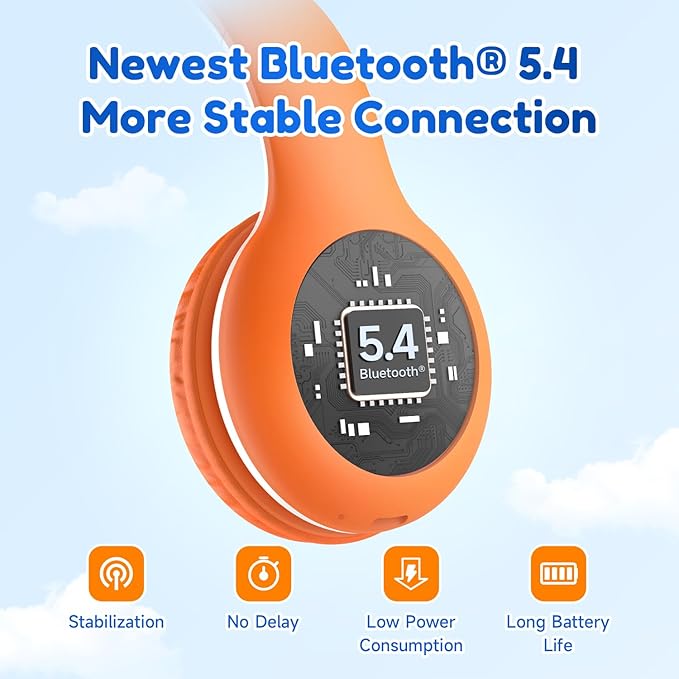 EarFun K2 Kids Bluetooth Headphones, Kids Headphones with Volume Limited, 40H Playtime, Built-in Mic, Stereo Sound, Foldable Over-Ear Headphone for School/Travel/iPad/Tablet, Orange