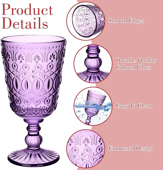Eaasty Wine Glasses Set of 6 Vintage Goblet 9 oz Vintage Colored Glass Goblet - Image 3