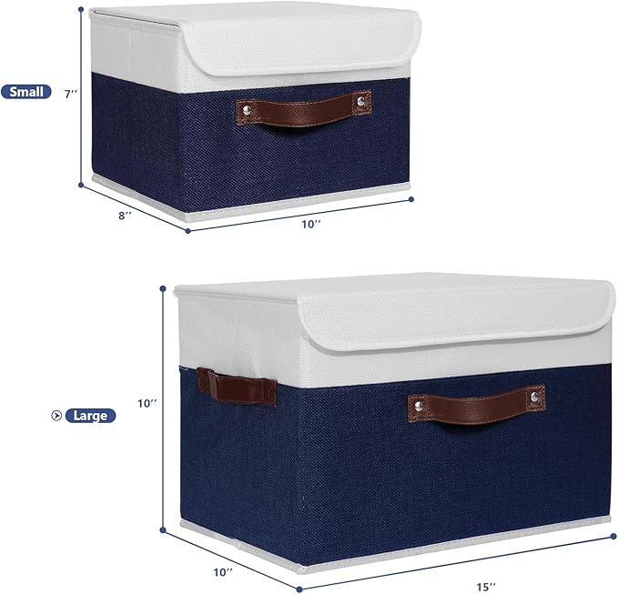 ANMINY 2PCS Storage Boxes with Lid Washable Decorative Storage Bin Basket with PU Leather Handle Foldable Linen Fabric Storage Cube Container for Home Closet Organizer - Deep Blue White, Large Size
