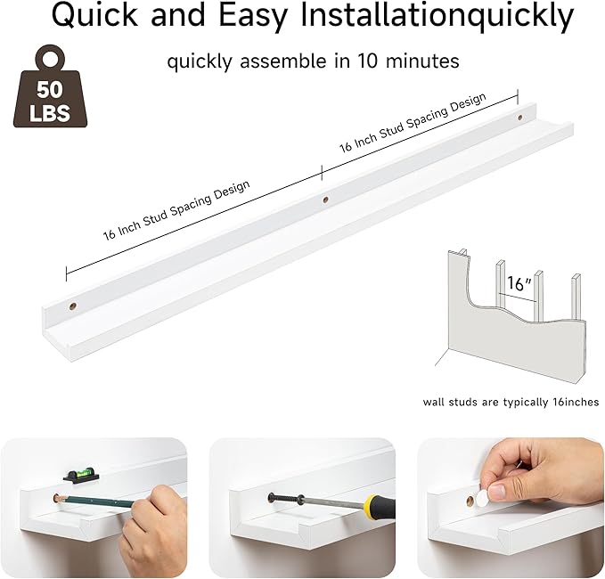 Fun Memories Picture Ledge Shelf, 36 Inch Floating Shelves Set of 2, Nursery Book Shelves for Toys Storage, Kids Bookshelf Wall Mounted for Wall Decor Books Photo Frames, White