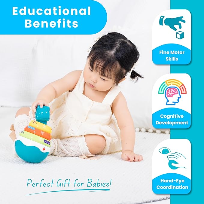 PlenPLAY Baby Tummy Time Toys - Dino Stacking Toys for Age 6+ Months, Weeble Wobble Toys for Babies 6 9 12 Months, Stacking Rings STEM Learning Toy, Sensory Learning Toy (Dinosaur), Small, Blue