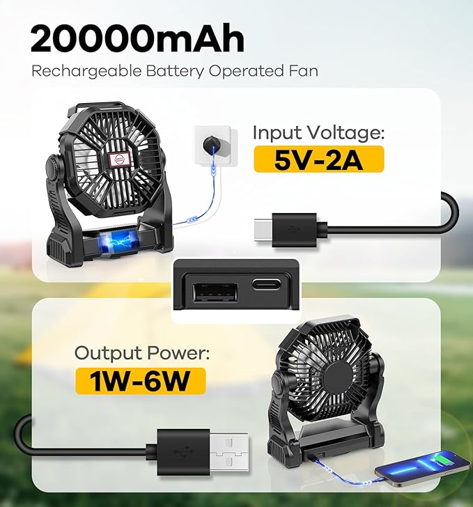 30000mAh Portable Battery Powered Camping Fan - with LED Light, Quiet Battery Operated, Camping Gear for Travel, Tent, Beach, Car or Hurricane Power Outages, Black