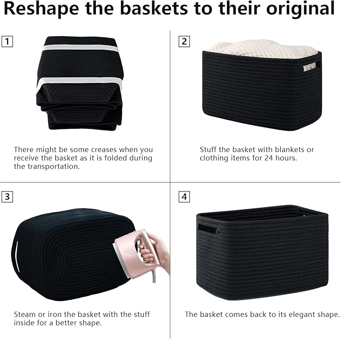 OIAHOMY 4 Pack Storage Baskets for Organizing, Cube Storage Bins for Shelves, Rectangle Storage Baskets With Handles, Woven Baskets for Storage, 12.7''Lx9''Wx7.8''H, Black