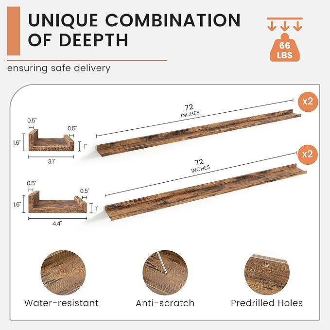 Floating Picture Ledge Shelves for Wall Set of 4, 72 Inch Wall Shelves with Lip Long Large Nursery Book Shelf for Toys Storage Kids Bookshelf Wall Mounted Living Room Bedroom Decor Frames