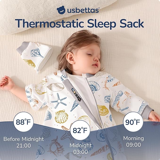 Baby Sleep Sack 18-24 Months, Cotton Detachable Long Sleeve Sleep Sack, 2.5 Tog Toddler Sleeping Sack with Temperature Strips, 2-Way Zipper Wearable Blankets for Newborns, Ocean
