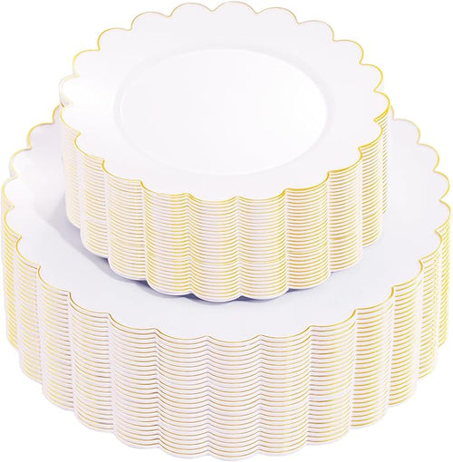 100Pcs White Gold Scalloped Plastic Dinner Plates Set by supernal