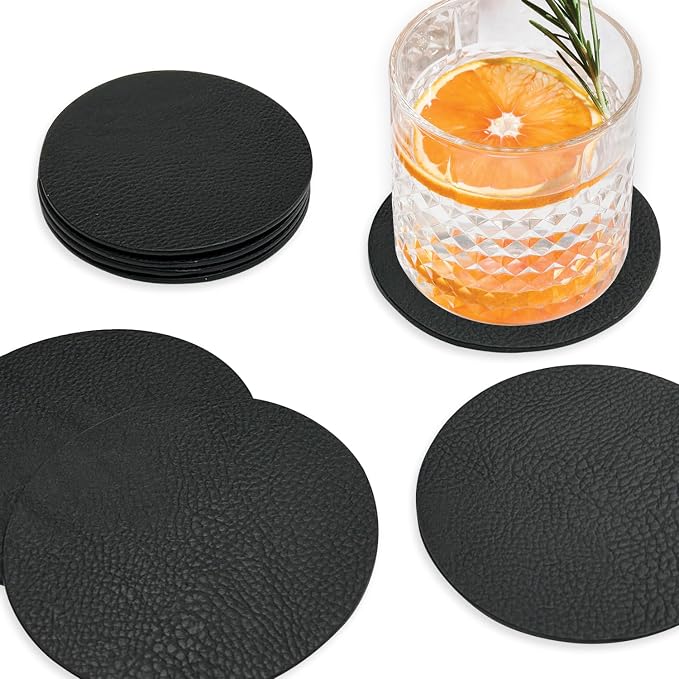 Set of 8 Morgan Faux Leather 4 Inch Round Coasters, Heat & Water Absorbent by Homewear