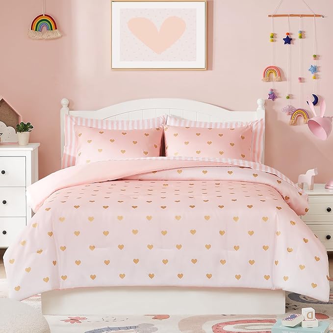 Full Size Comforter Sets with Sheets for Girls-7 Pieces Full Size Bedding Sets with Pink Comforter, Sheets, Pillowcases & Shams for Kids (Pink Gold Heart, 76" X 86")