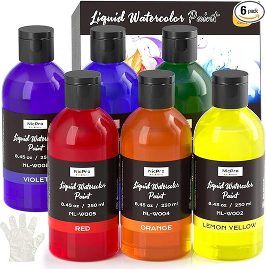 Nicpro 6 Colors Liquid Watercolor Paint Set, 8.45oz Large Bottle Liquid Watercolor Paint, Non-Toxic Water Colors Painting Supplies for Art Activity, Craft DIY, Poster, School, Home, Classroom, Party