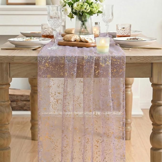 Artoid Mode 10Pcs Grayish Purple Gauze Gold Table Runner 10FT, Glitter Metallic - Image 2