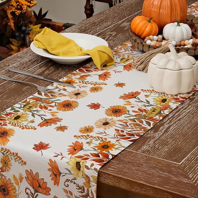 Fall Pumpkins and Sunflowers Table Runner 13x48 Inch, Maple Leaves Farmhouse - Image 4