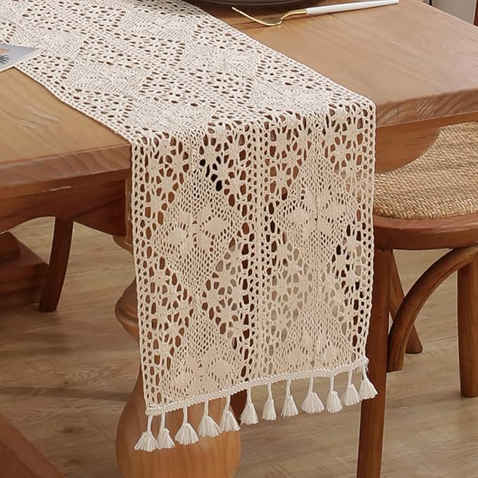 meioro Crochet Lace Table Runner, 12x36 Inch Boho Cotton Table Runners by meioro