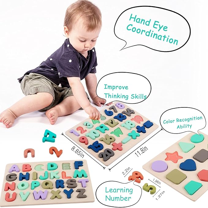 Wooden Puzzles for Toddlers, Kesletney Wooden Alphabet Number Shape Learning Puzzles for Kids, Preschool Educational Toys Gift for Boys Girls Ages 3 4 5 6 Years Old
