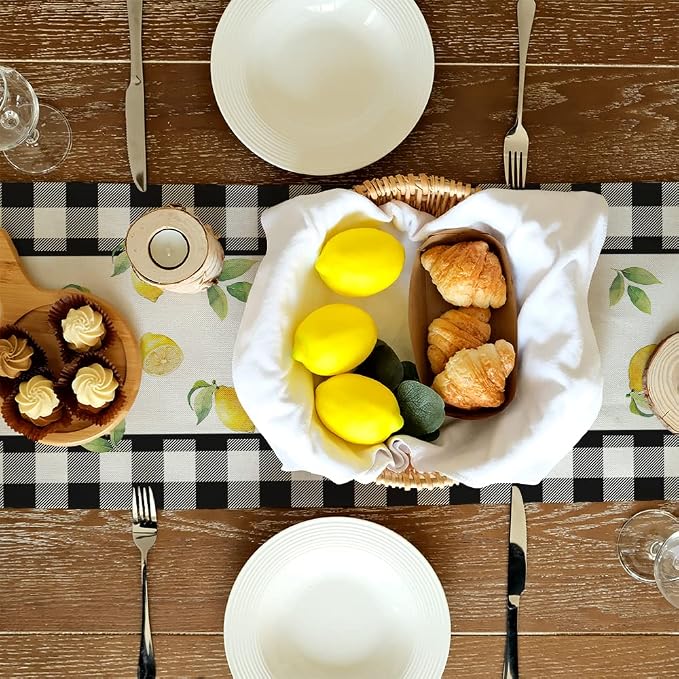 Black Buffalo Check Summer Table Runner 13 x 60 Inch, Lemon Vase Spring - Image 5