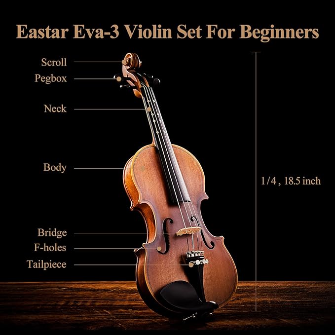 Eastar 1/4 Violin Set Fiddle for Beginners with Hard Case, Rosin, Shoulder Rest, Bow, and Extra Strings (Imprinted Finger Guide on Fingerboard), EVA-3