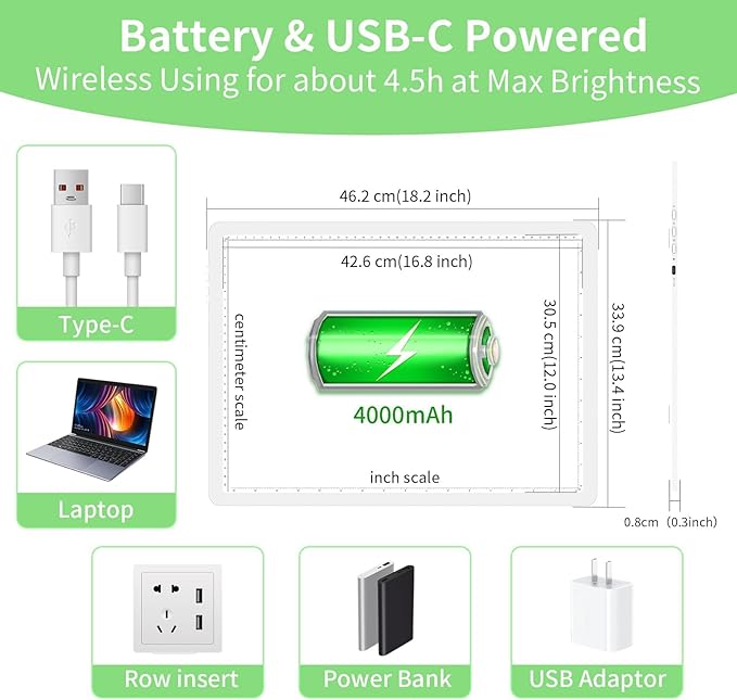 KOBAIBAN A3 Magnetic Light Pad with Bag, Rechargeable Diamond Art Light Board with Side Physical Buttons, 3 Color Light Modes Super Bright Light Table Light Box for Tracing, Drawing, Sketching (White)