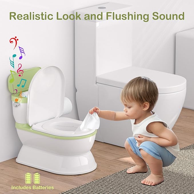 2-in-1 Toddler Potty Training Toilet - Larger Potty Chair & Detachable Training Seat for Boys & Girls Ages 1-3 with Flushing Sound, Wipes Storage, Toilet Paper Holder - Green