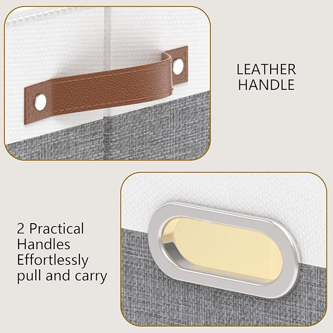 Yawinhe Fabric Storage Bins with Handles, Foldable Baskets for Shelves, Cubes with 3 Handles, Large Boxes for Clothes, White/Grey, 16.9''Lx11.8''Wx10.2''H, 4-Pack