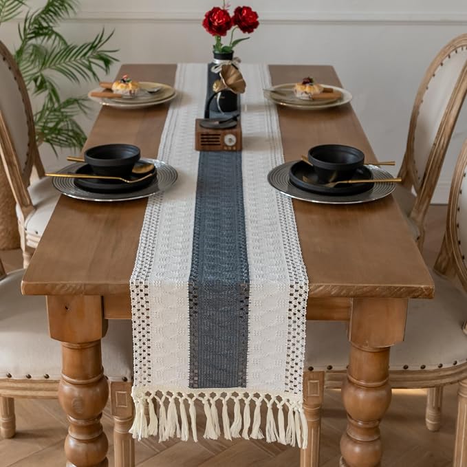 EMMTEEY Boho Table Runner with Tassels 36 Inches Long, Stone Blue | Handmade by EMMTEEY
