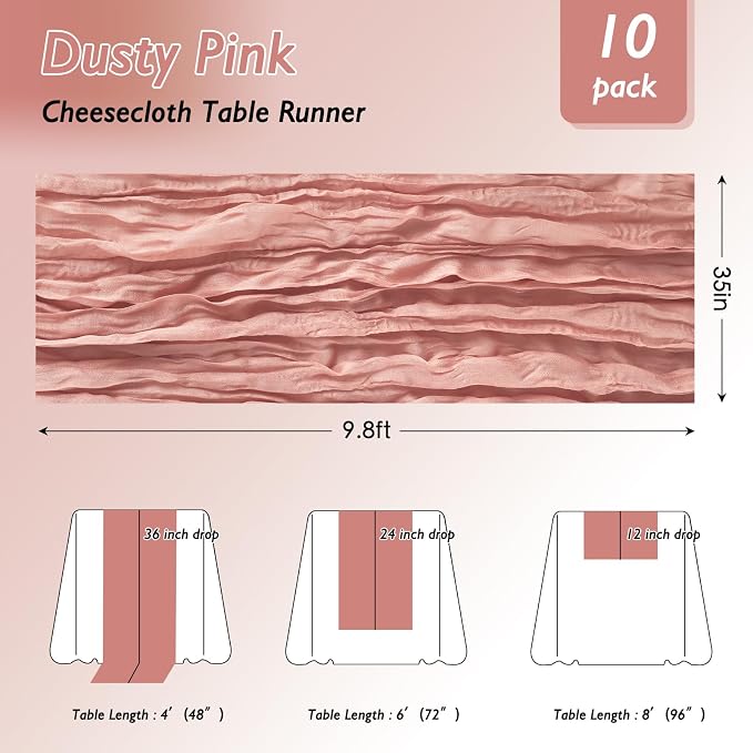 10 Pack Dusty Pink Cheesecloth Table Runner 120 Inch Boho Wedding Decor | - Image 2