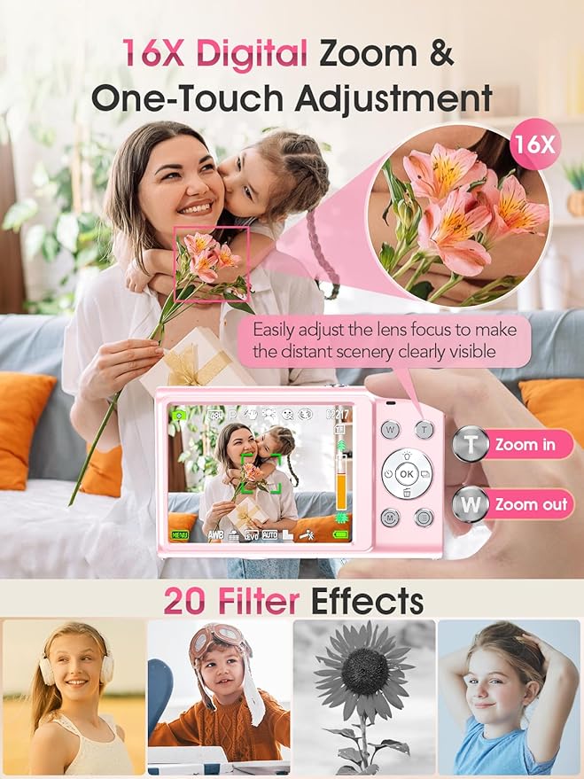 Digital Camera,Autofocus 4K Vlogging Camera for Photography with 32GB Card,48MP Portable Compact Point and Shoot Digital Camera for Teens Adult Beginner with 16X Zoom,Anti-Shake,2 Batteries(Pink)