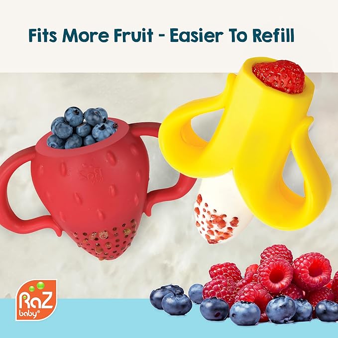 RaZbaby Fruitique Fruit Feeder One-Piece Baby – Larger Opening for Refilling & Fits More Fresh/Frozen Fruit for Teething Relief, Easy to Hold, Safer Design, BPA-Free, Dishwasher Safe - Banana