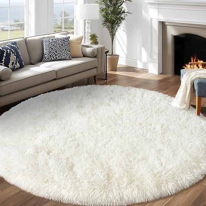 Round White Rug for Bedroom, 6 ft Circle Area Rugs for Living Room, Soft Fluffy - Image 2