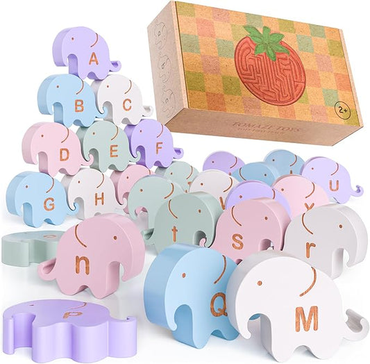 Montessori Natural Wooden Alphabet Elephants - 26-Piece Snap-Together ABC Learning Toy with Upper & Lowercase Letters - Educational Fine Motor Skills & Vocabulary Building for Toddlers & Kids Ages 3+