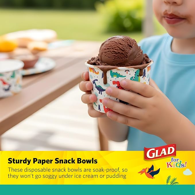 Glad for Kids Mini Disposable Paper Bowls, 6 Oz, colorful dino design, no lids - Image 4