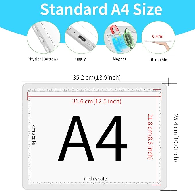 Phylosal Rechargeable A4 Light Pad with Built-in Stand & Bag, Magnetic Tracing Light Box for Drawing, Diamond Art Light Board with Side Button, Super Bright Light Table for Diamond Painting, Sketching