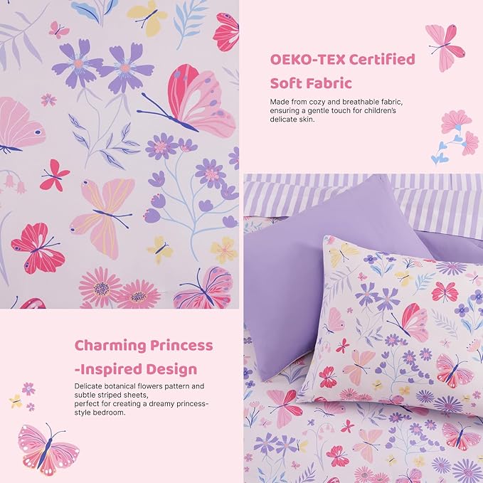 Full Size Comforter Sets with Sheets for Girls-7 Pieces Full Size Bedding Sets with Pink Comforter, Sheets, Pillowcases & Shams for Kids (Cute Botanical Flowers, 76" X 86")