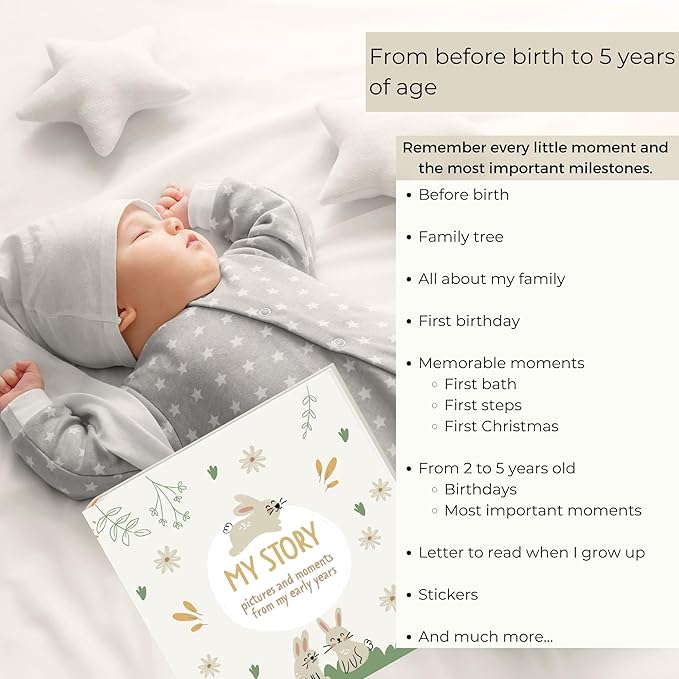 Baby Book Keepsake Gender Neutral to Paste Photos and Writing with +50 Pages and Stickers - Baby Memory Book from the First Year to 5th - Newborn Gifts, Baby Shower and Gender Reveal