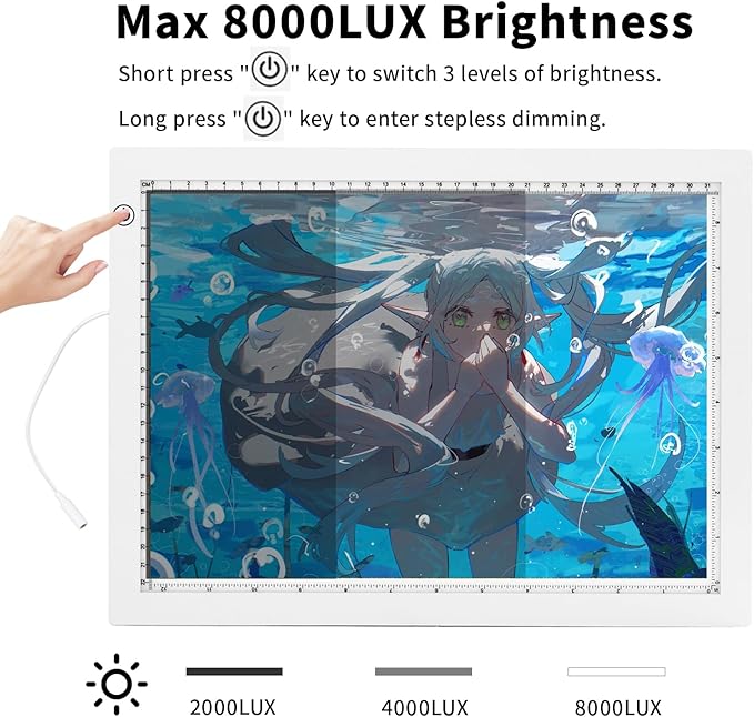 YINGWOND A3 LED Light Pad with Fixed Cord, 16.6 * 12.6 Inches, 3 Levels of Brightness up to 8000LUX, Uniform Illuminated Light Box for Tracing Drawing Weeding Vinyl and Diamond Painting