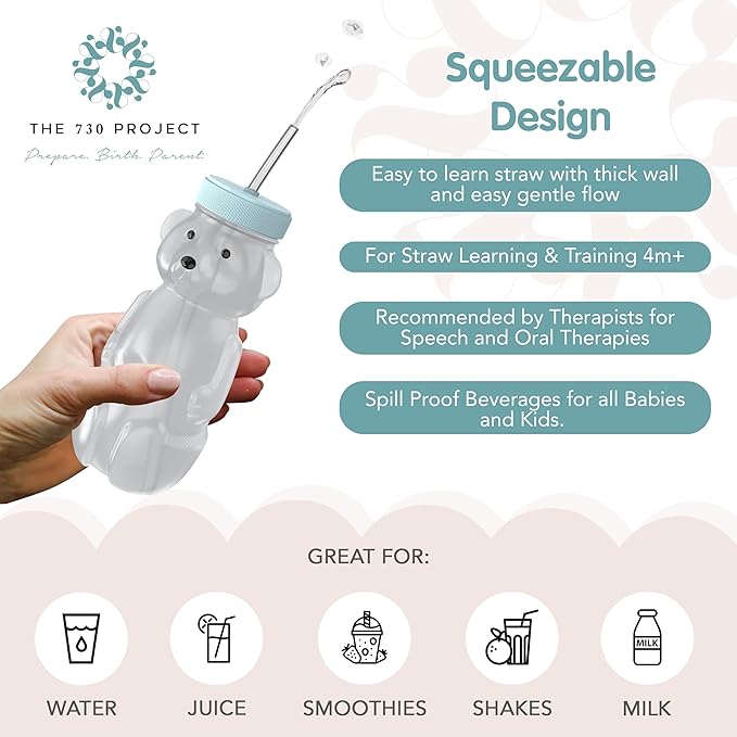 Honey Bear Straw Cup for Babies, 8oz Honey BearCup with Bottle Brush, 2-Pack Improved Lid Therapy Learning Honeybear Straw Cup for Baby, Blizzard & Creamsicle