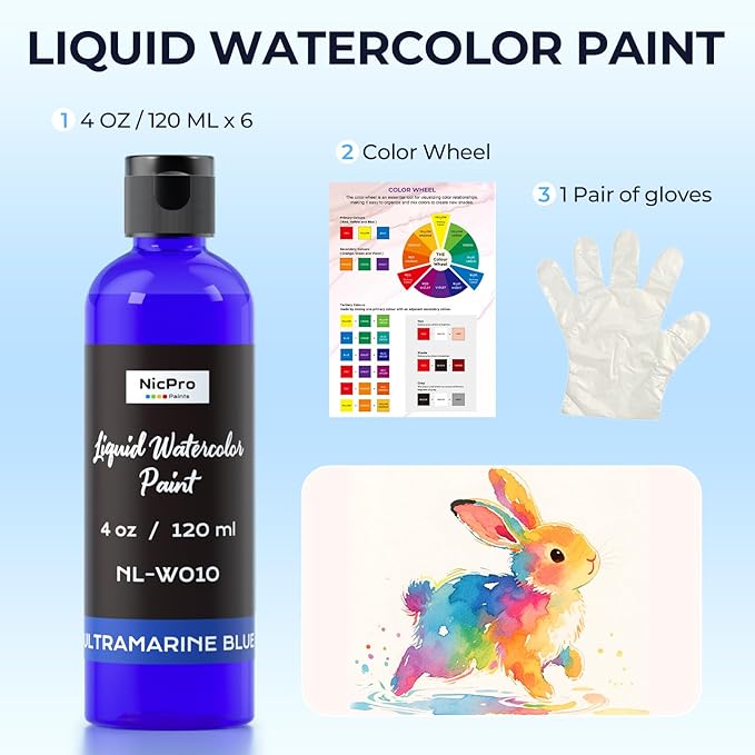 Nicpro 6 Colors Liquid Watercolor Paint Set, 4oz Liquid Watercolor Paint, Vibrant Colors & Non-Toxic Water Colors Painting Supplies for Art Activity, Craft DIY, Poster, School, Home, Classroom, Party