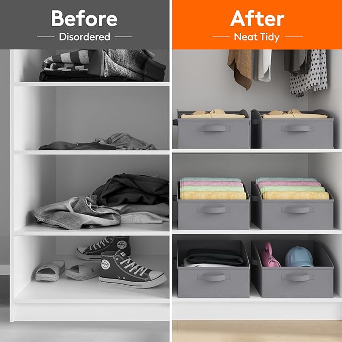 Lifewit Storage Baskets for Shelves, 6 Packs Non-woven Fabric Trapezoid Closet Organizer Bins with Handles, Foldable Clothing Containers Box for Clothes, Toy, Towel, Book, DVD, Hats, Small-Grey