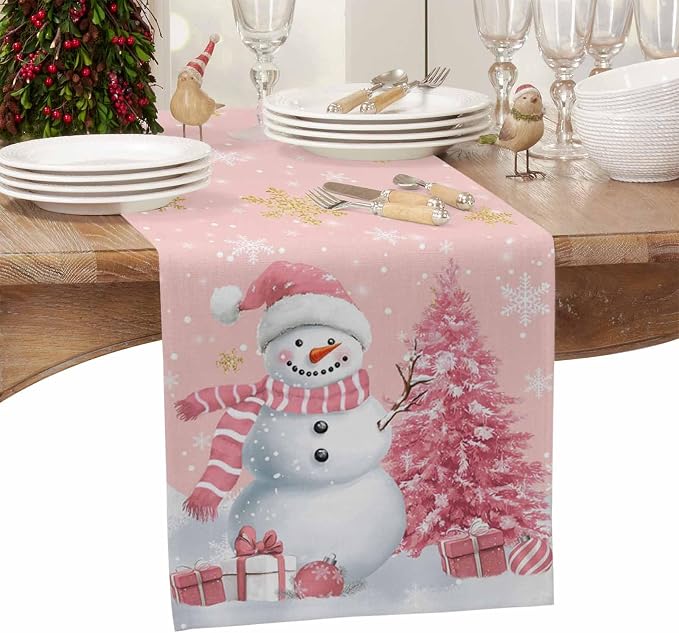 Pink Christmas Snowman Table Runners 60 Inches Long, Cotton Linen Fabric - Image 4