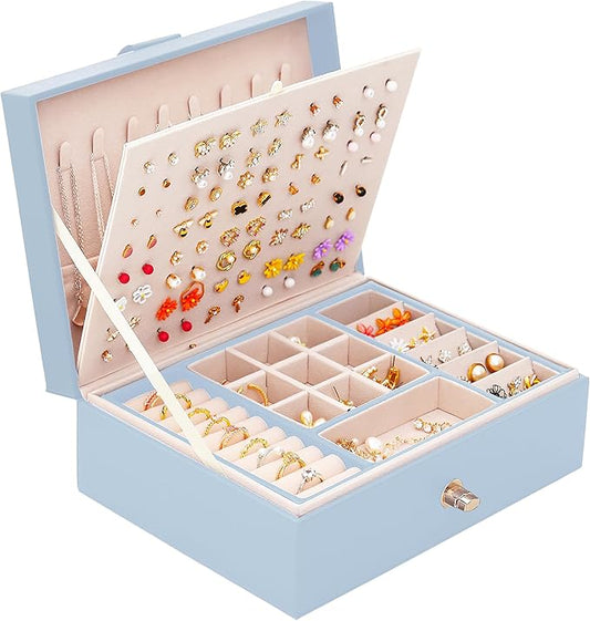Girls Jewelry Box Earring Holder Organizer for Girls Jewelry Organizer Box Stud Earrings Organizer for Girls Womens Blue Jewelry Box for Earrings and Necklaces Rings Stud Earrings Box for Teen